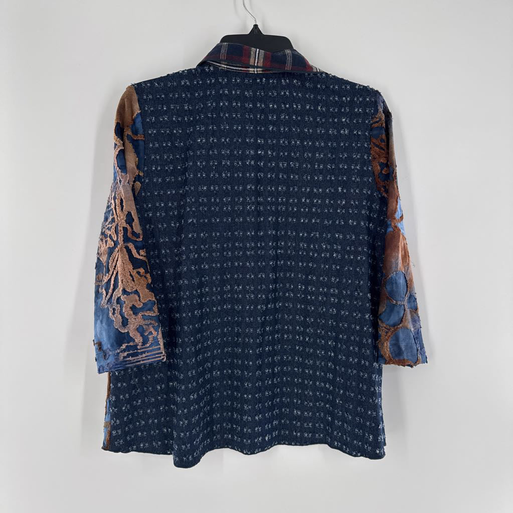 R84 S 3/4 slv mixed media button shirt