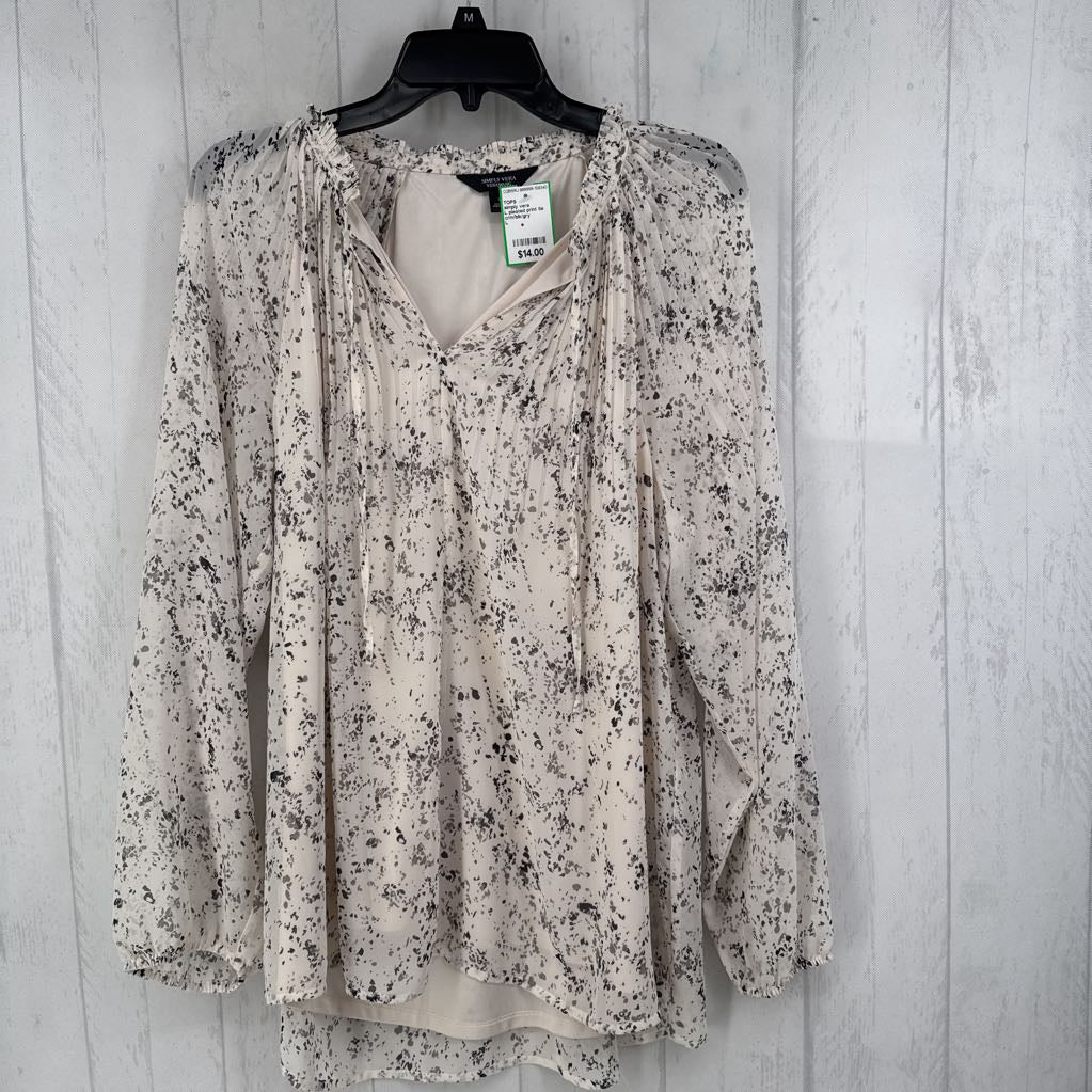 L pleated print tie front l/s top