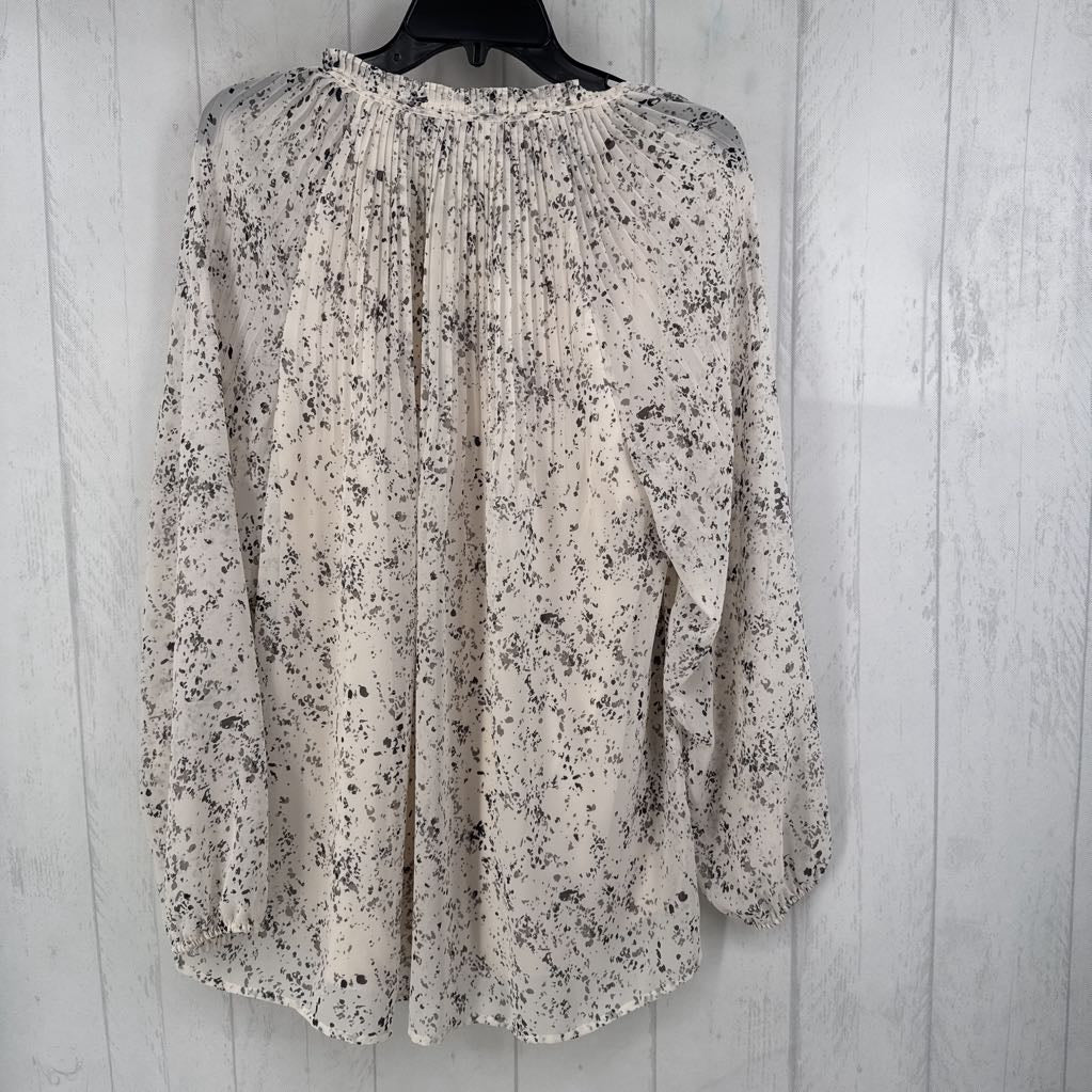 L pleated print tie front l/s top