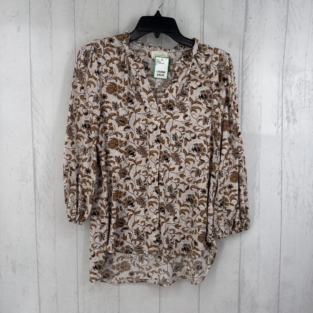 L l/s leaf print button top