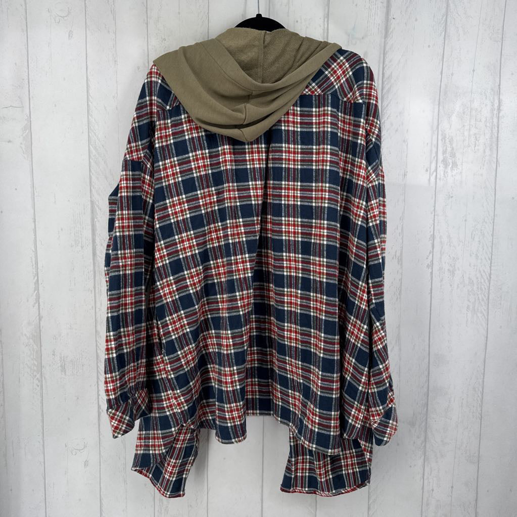 3XL plaid button down l/s top w/ hood