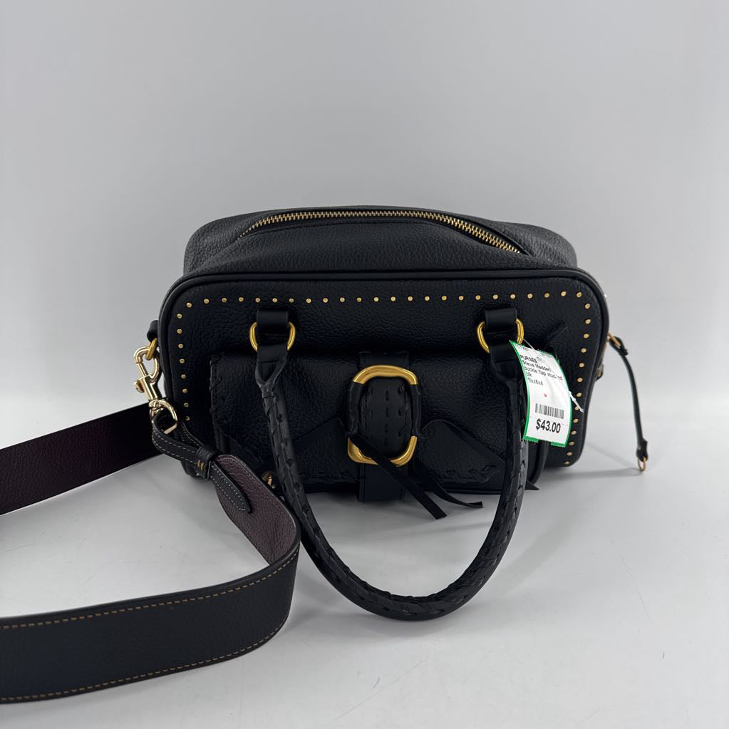 buckle flap studded satchel w/ gold tone hardware