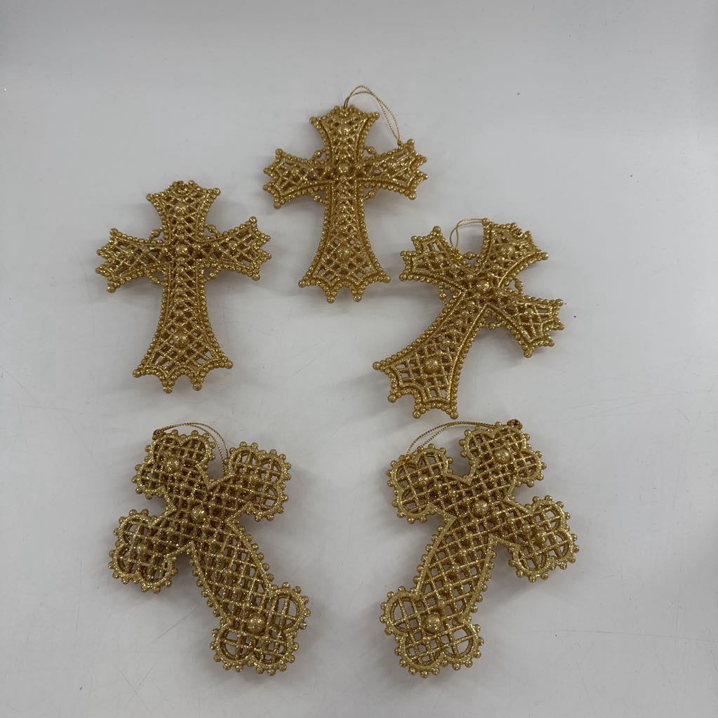 set of 5 gold cross ornaments