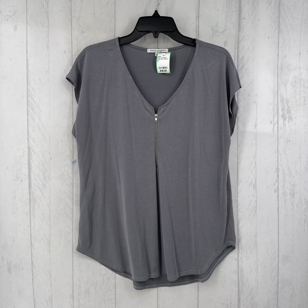 L zip front cap slv top