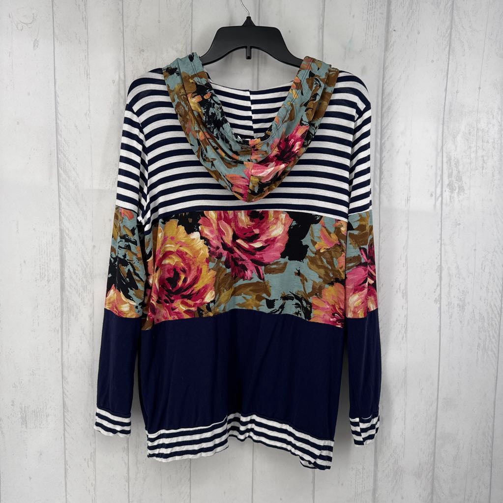 L stripe/floral l/s top w/ hood