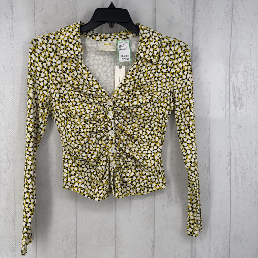 R88 S printed ruched button down l/s top