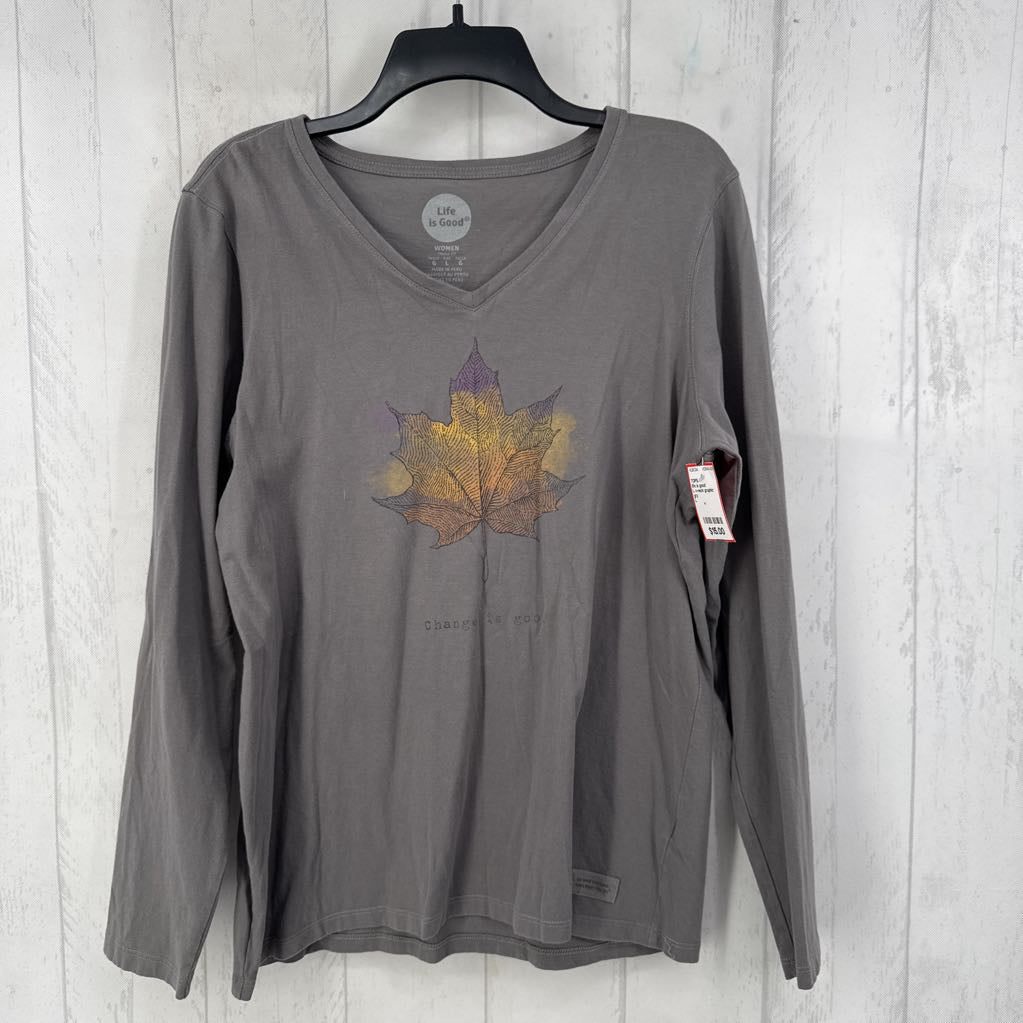 L v-neck graphic l/s tee-leaf