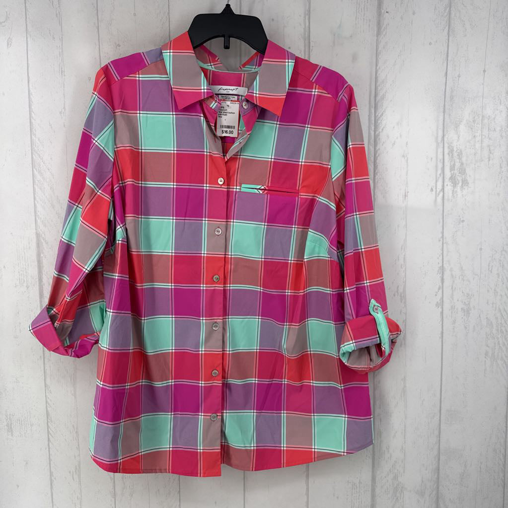 14w plaid button down 3/4 slv top