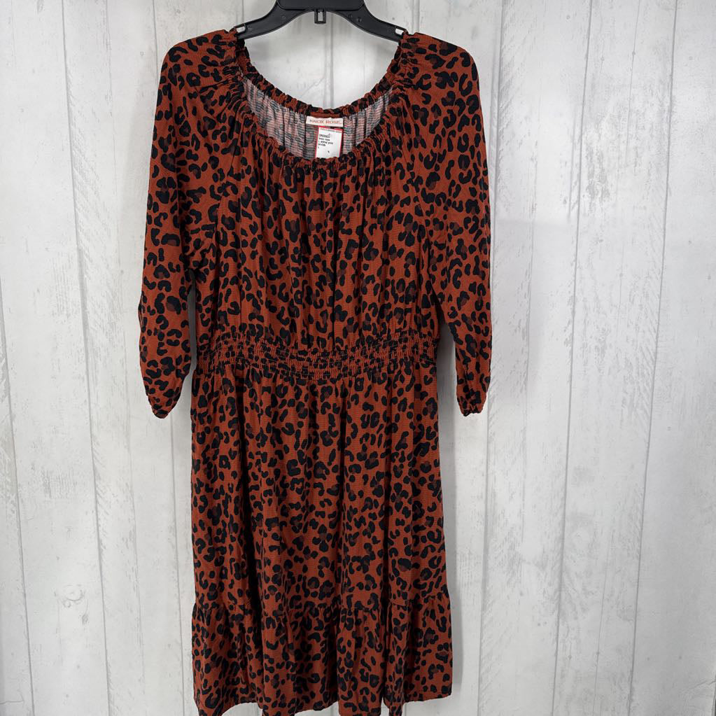 L animal print smocked trim 3/4 slv dress