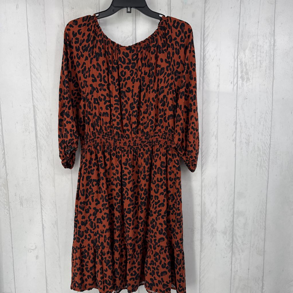 L animal print smocked trim 3/4 slv dress