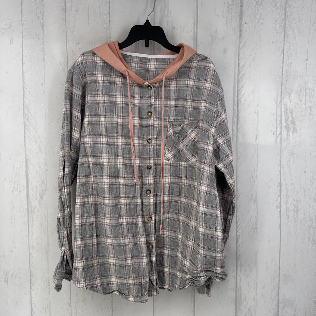 XL plaid button down w/ hood l/s top