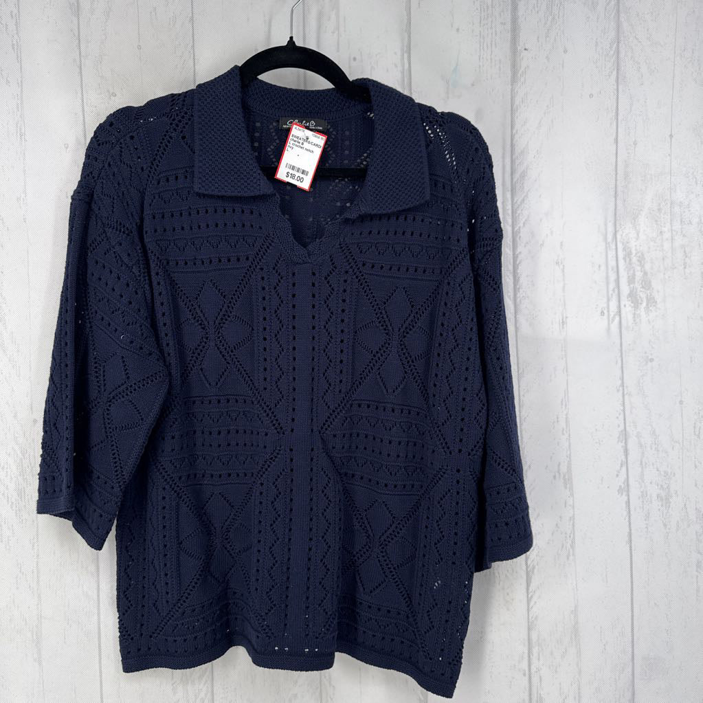 L crochet notch neck 3/4 slv sweater