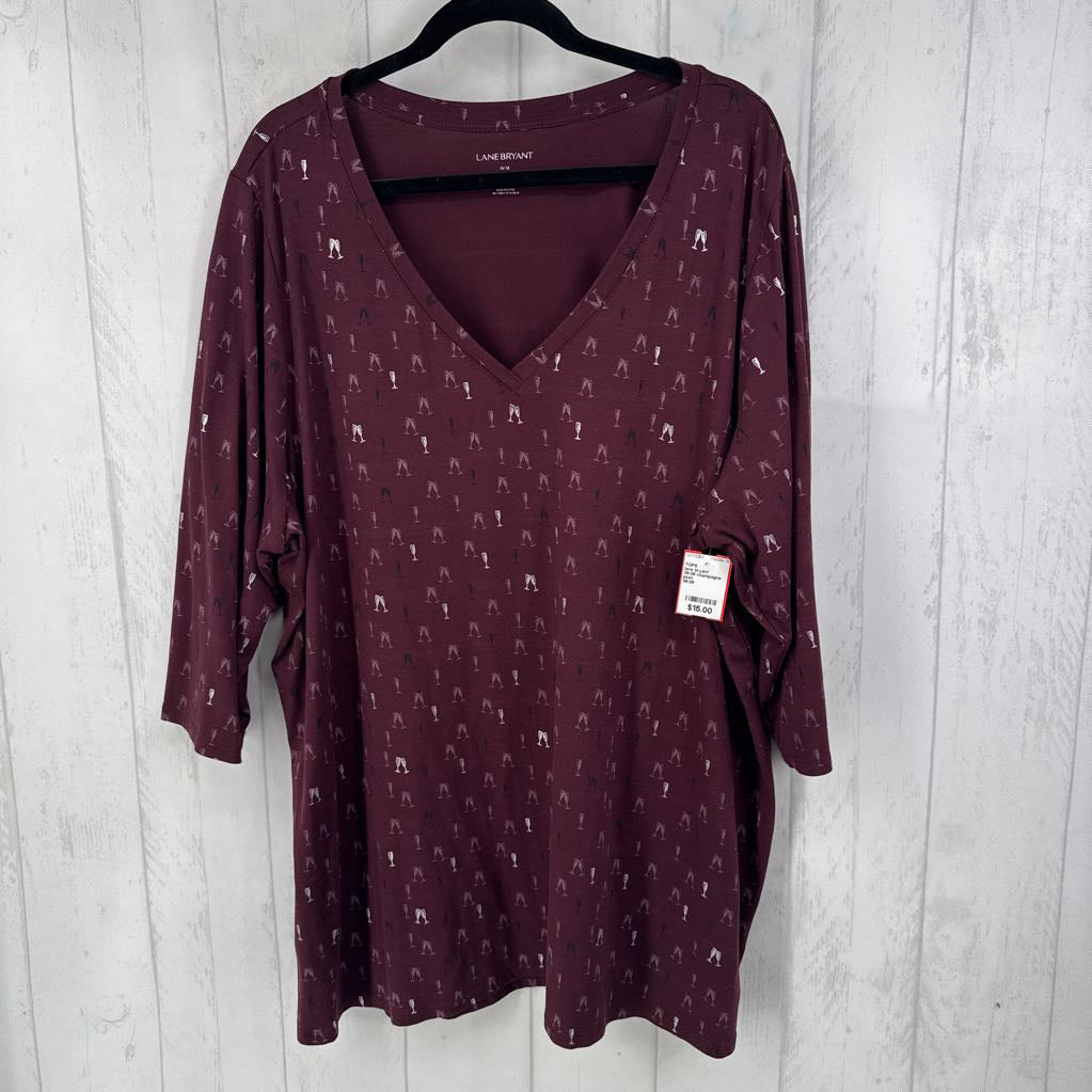 26/28 champagne glass print v-neck 3/4 slv top