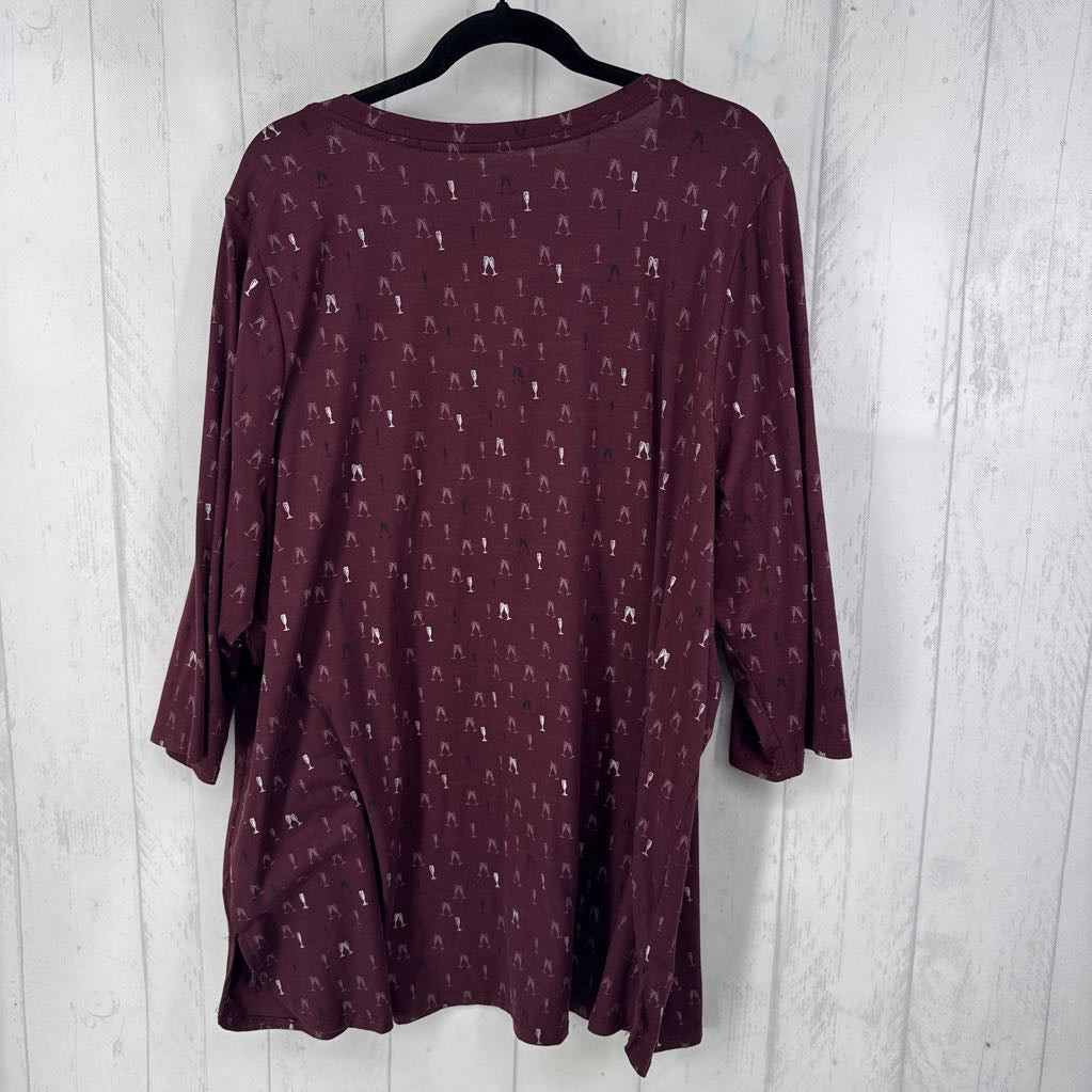 26/28 champagne glass print v-neck 3/4 slv top