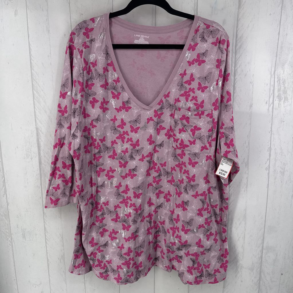 26/28 butterfly print v-neck 3/4 slv tee