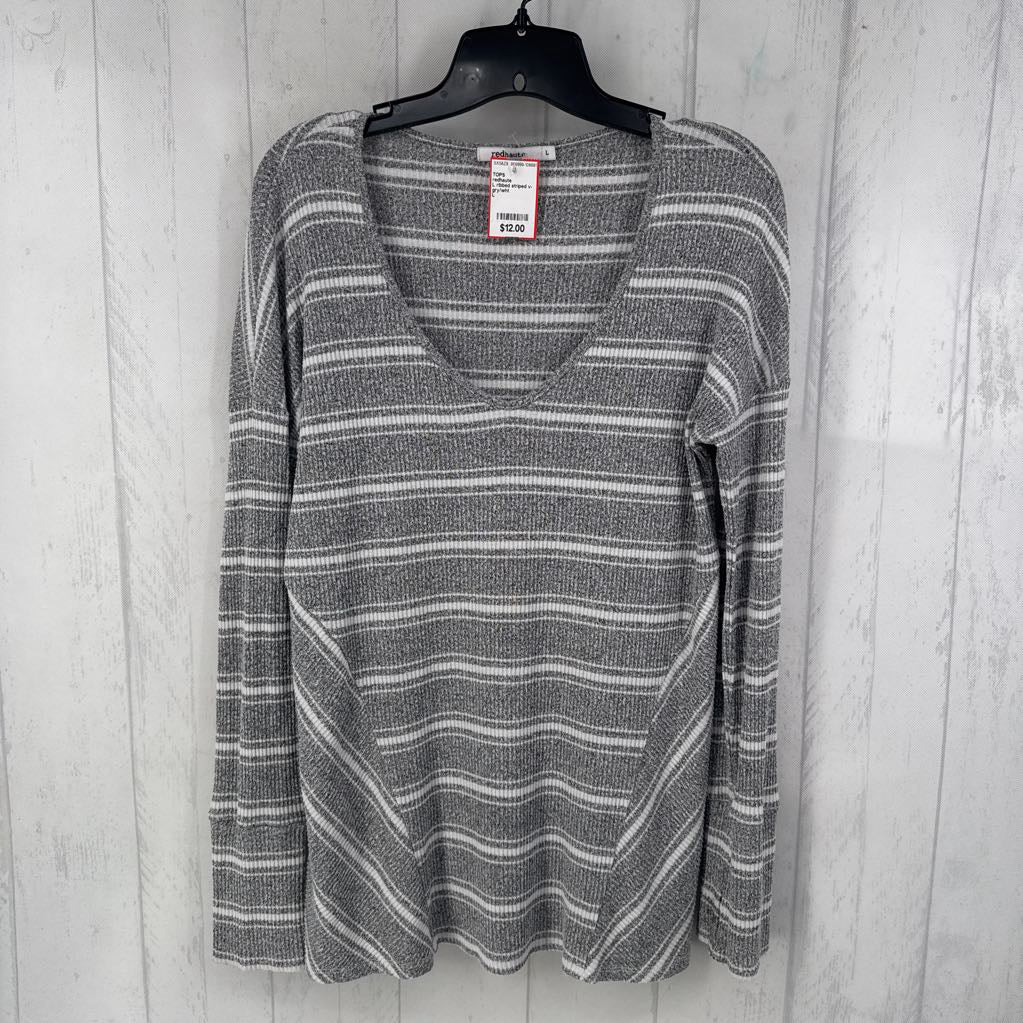L ribbed striped v-neck l/s top