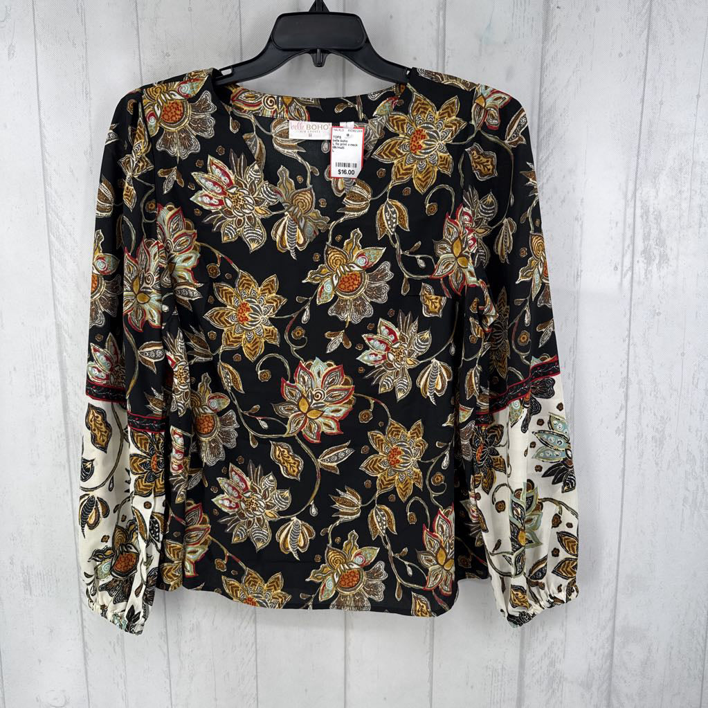 L flo print v-neck l/s top