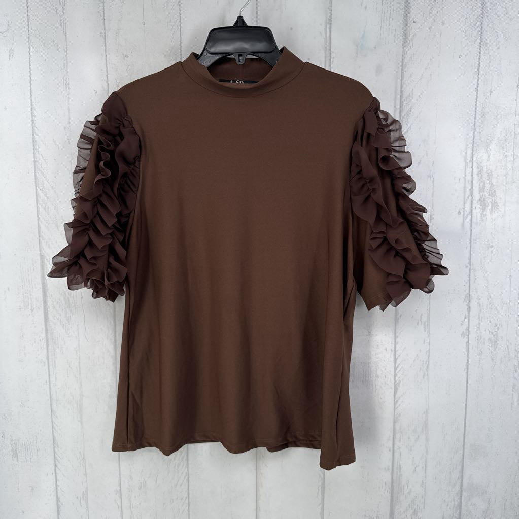 L tulle ruffled slv mock-neck top