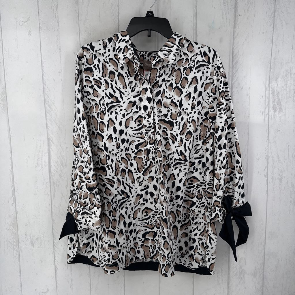 XL animal print quarter button down bow slv top