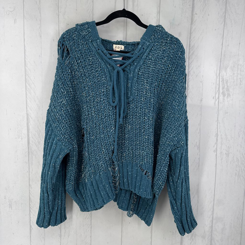 M l/s lace up distressed sweater