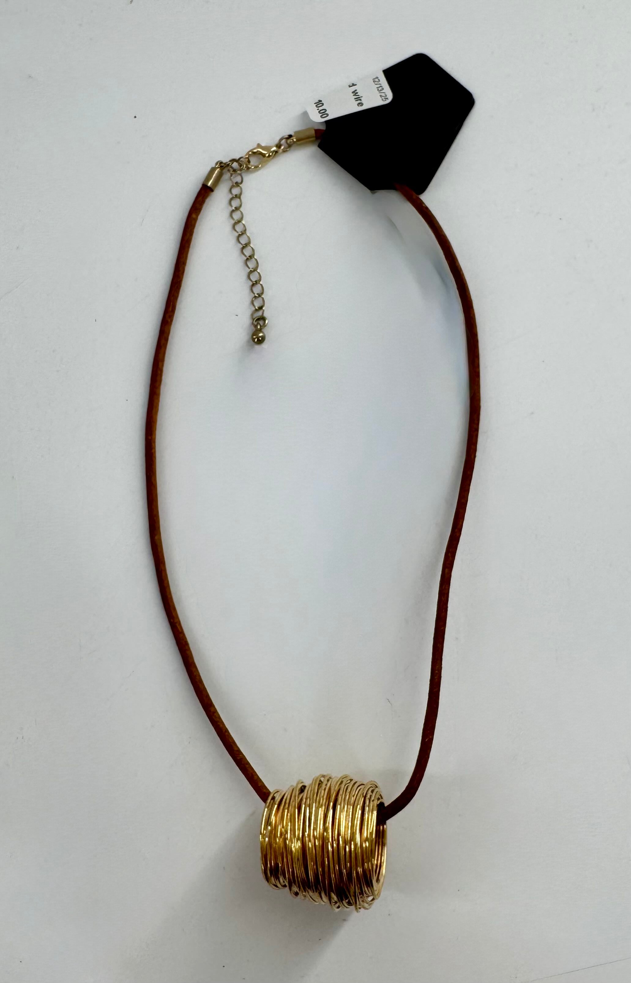 8" brown cord necklace w/ gold wire pendant