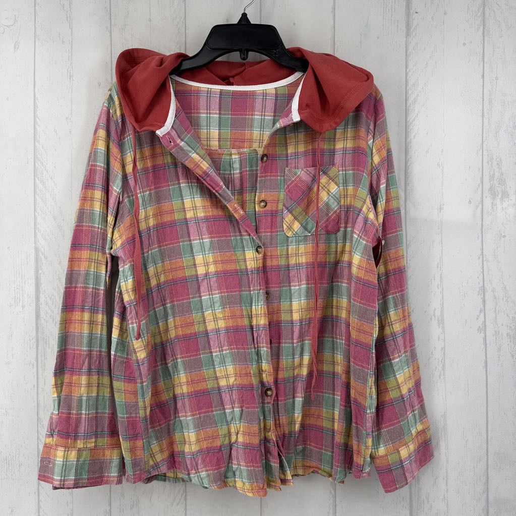 2xl l/s plaid button shirt w/ hood