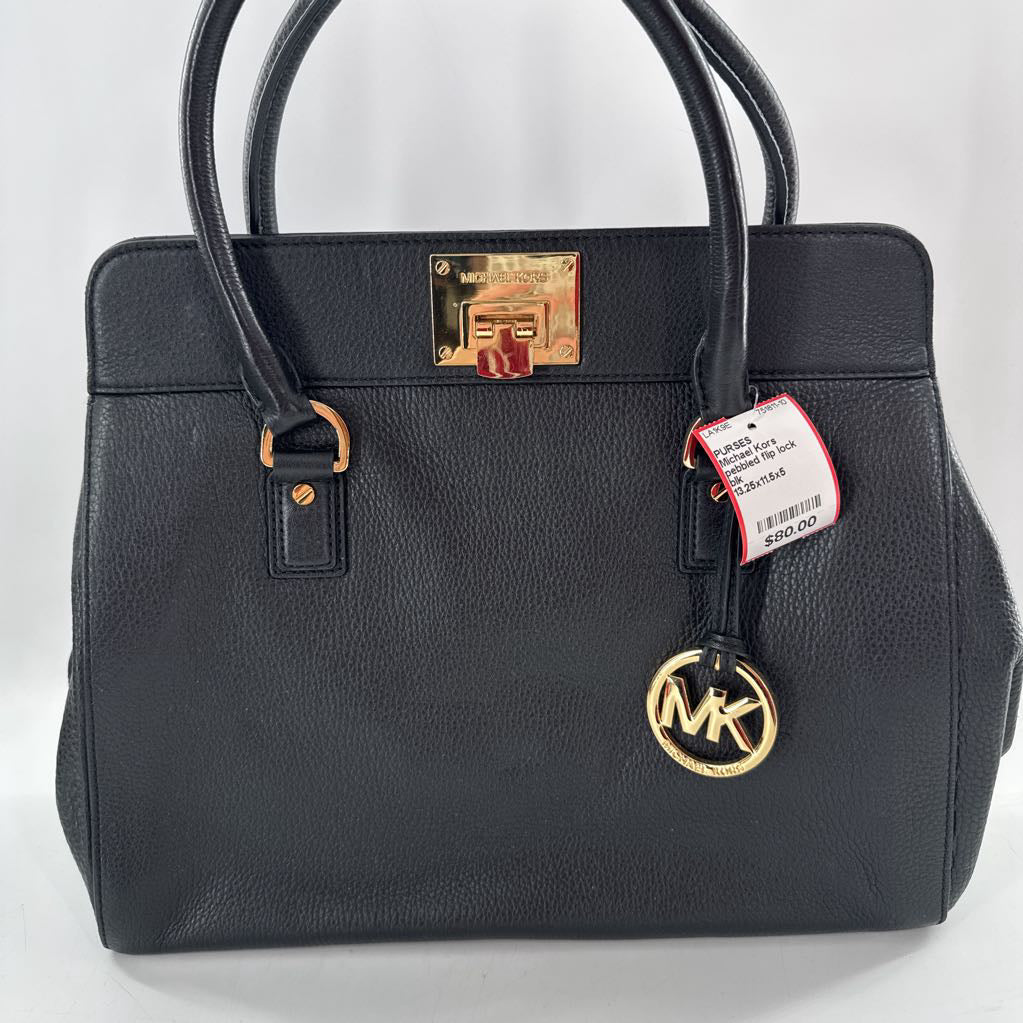 pebbled flip lock gold toned satchel