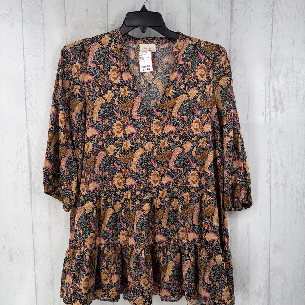 L flo print v-neck elbow slv top