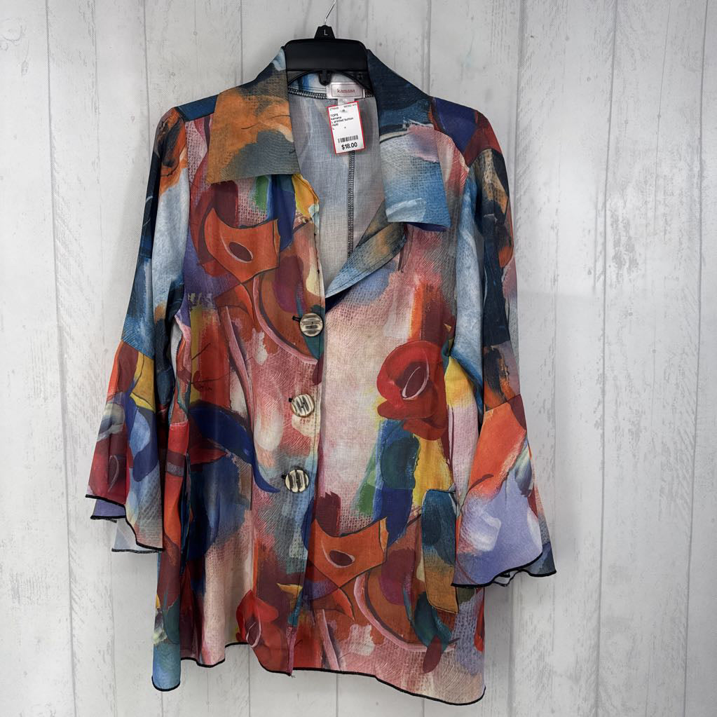 L printed button front flare slv top