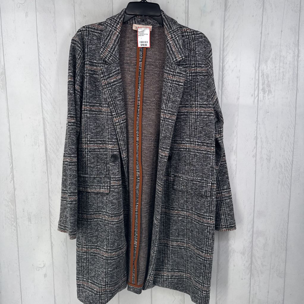 L checkered long knit blazer