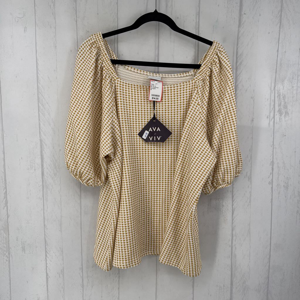2X checkered square neckline s/s top
