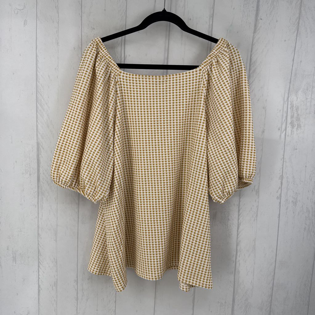 2X checkered square neckline s/s top