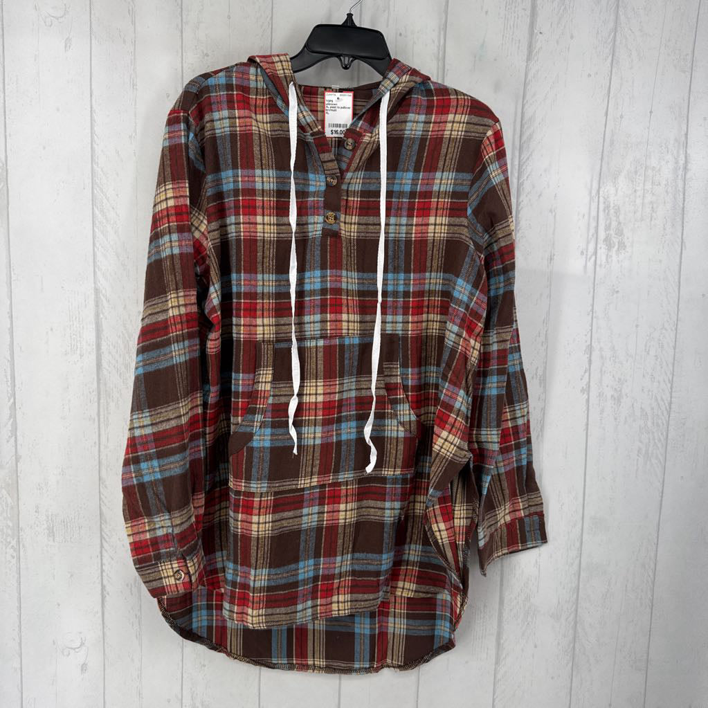 XL plaid l/s pullover w/ hood