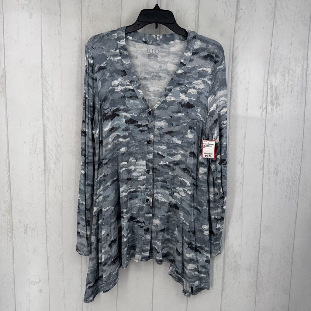 L printed button down asymetrical l/s cardi