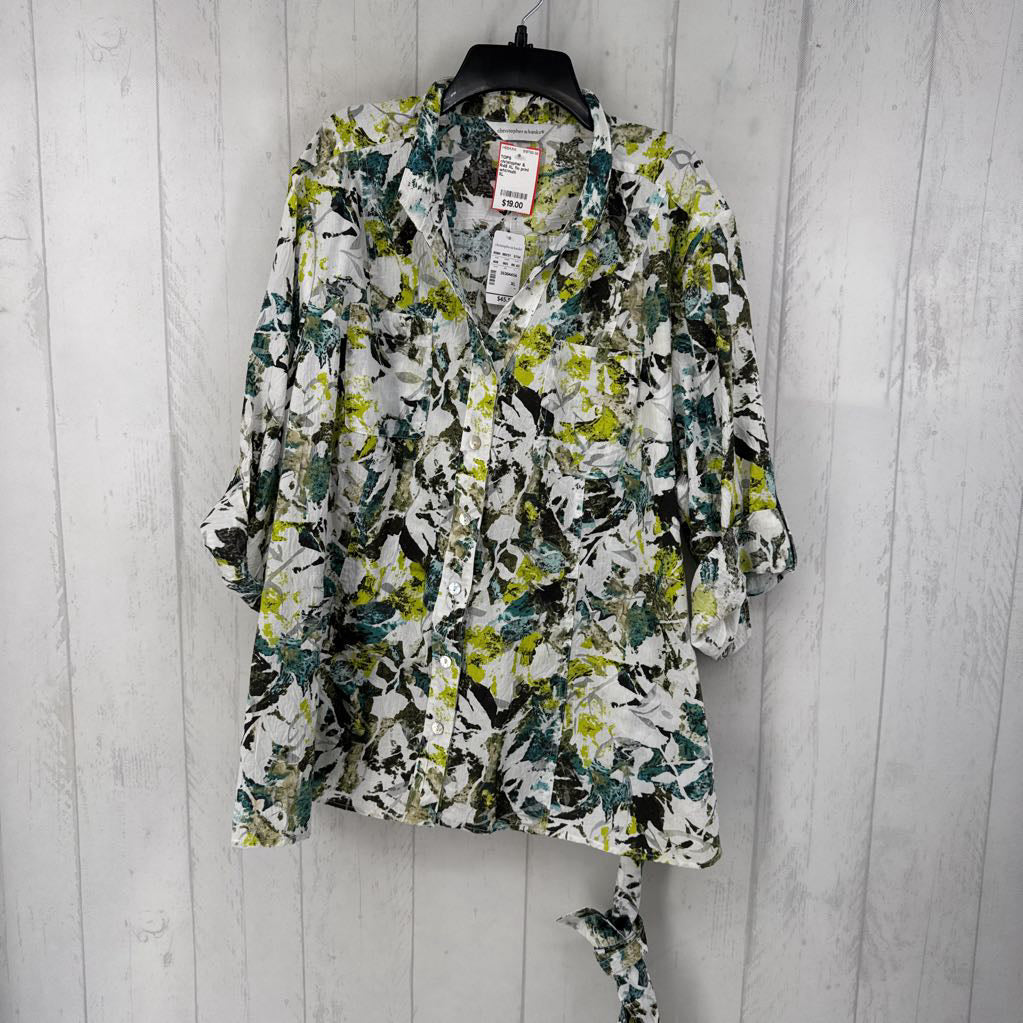 R45 XL flo print button down tab slv top