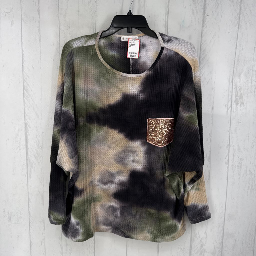 M waffle knit sequin pocket l/s top