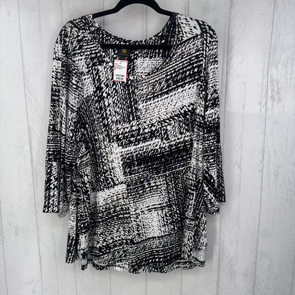 2X printed scoop neck 3/4 slv top