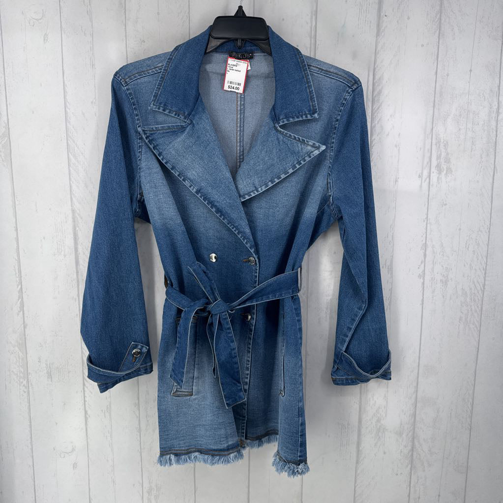 L denim belted blazer