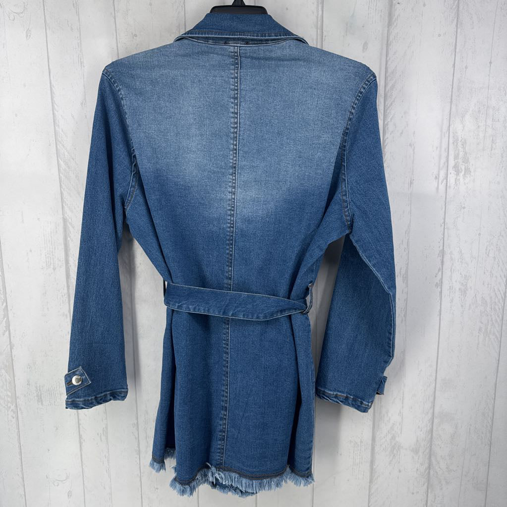 L denim belted blazer