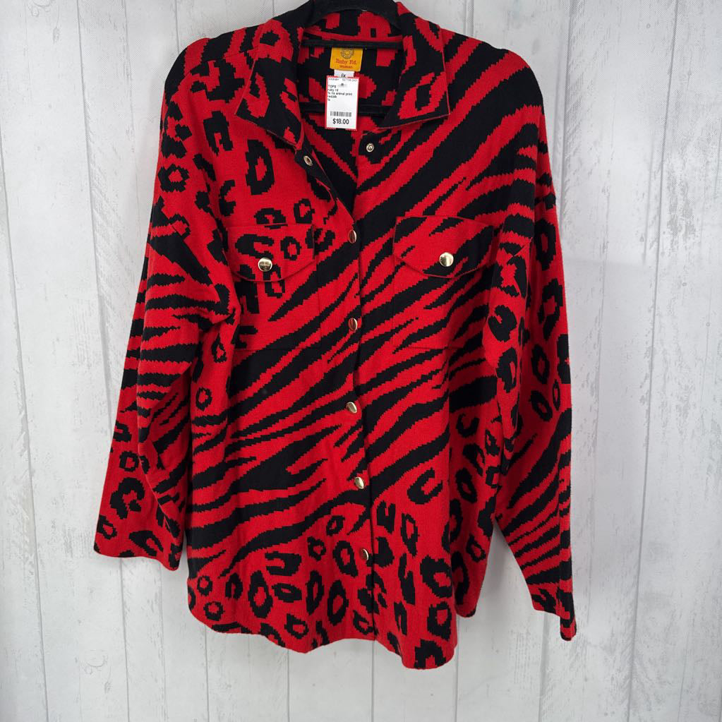 1x l/s animal print snap closure knit shacket