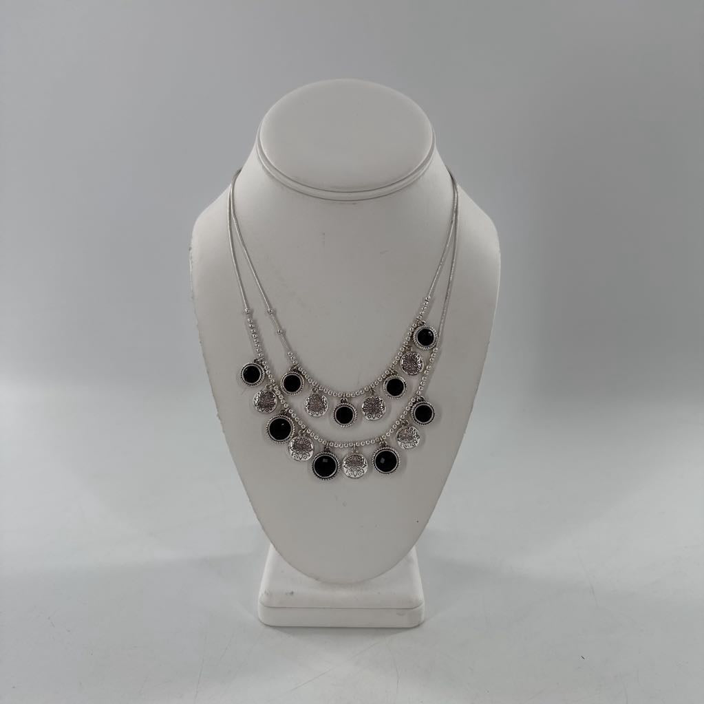 9" silver-tone blk beaded double strand necklace