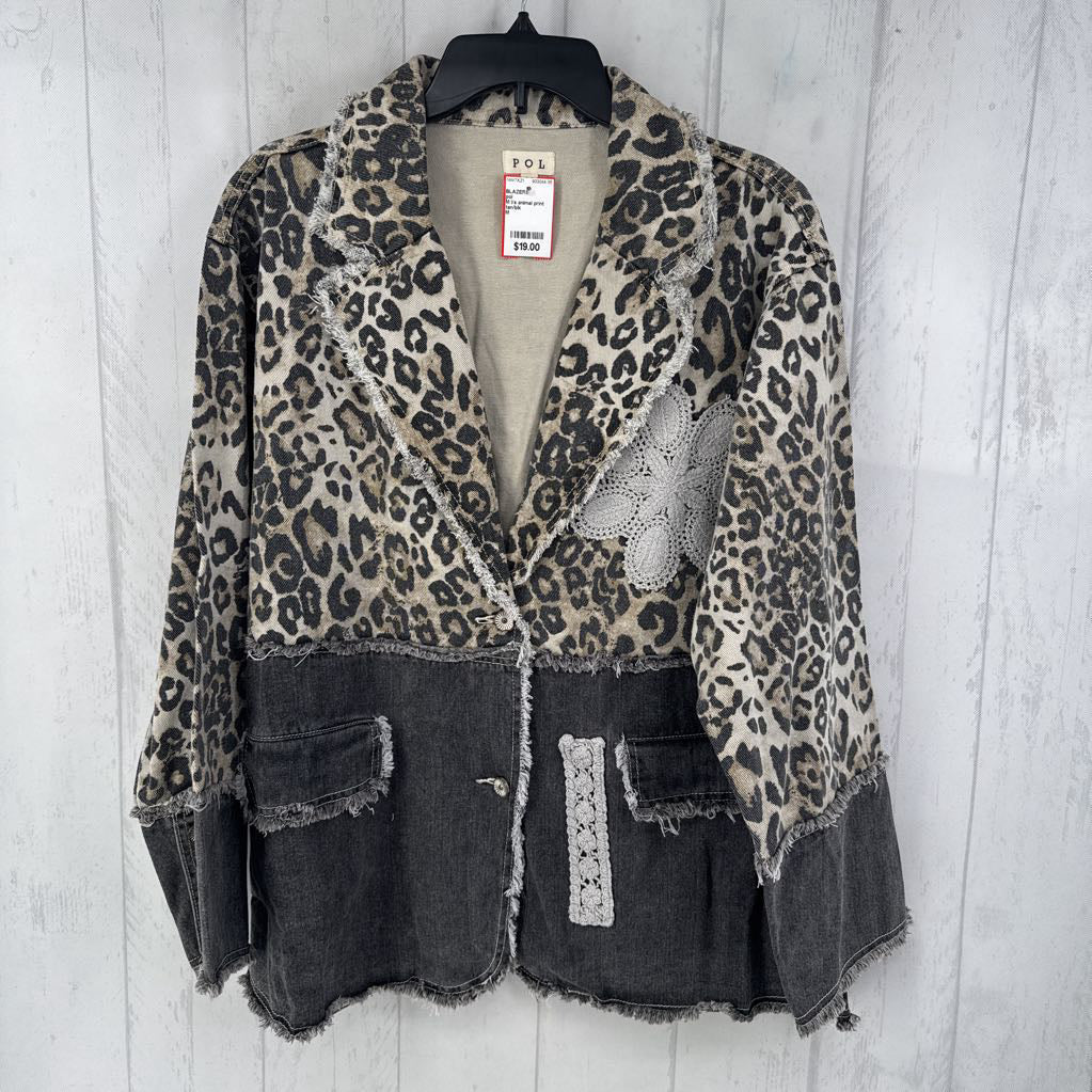 M l/s animal print embroidered button blazer