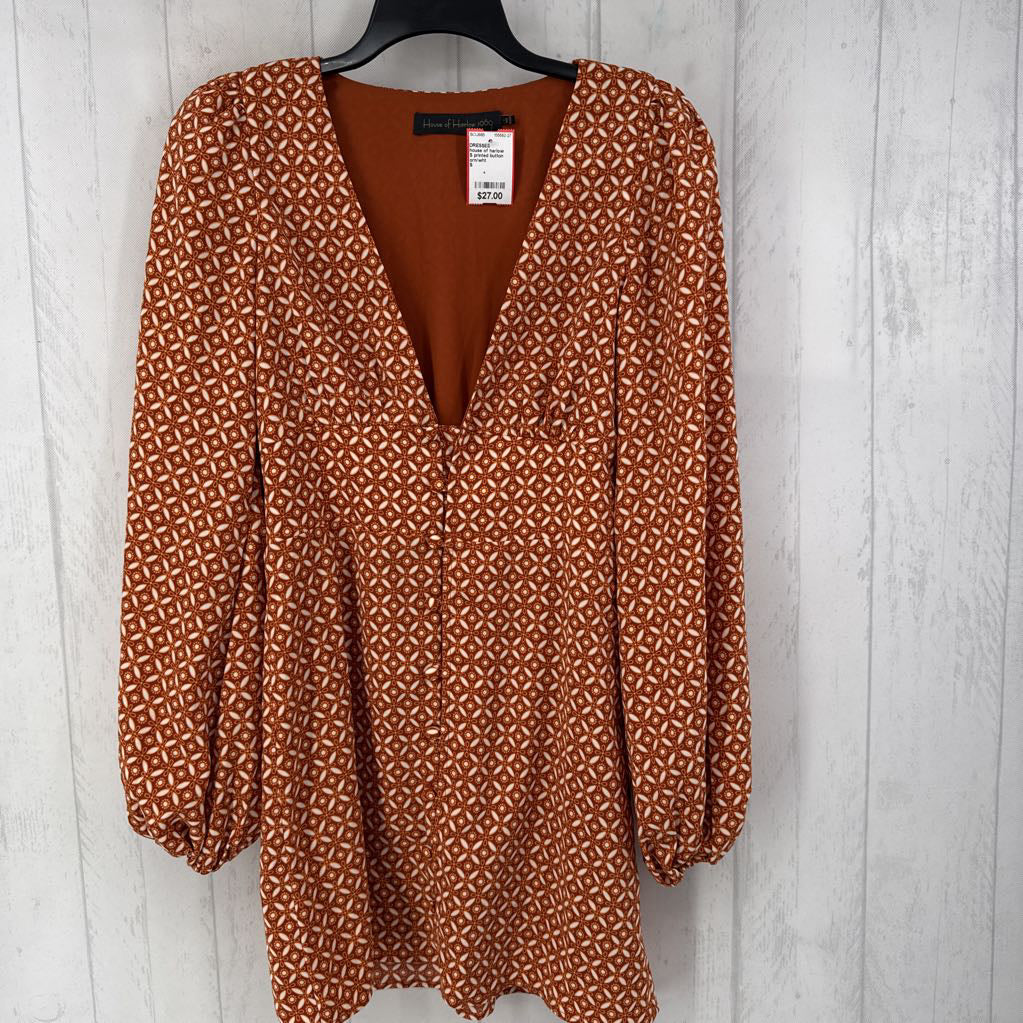 S printed button fornt l/s dress