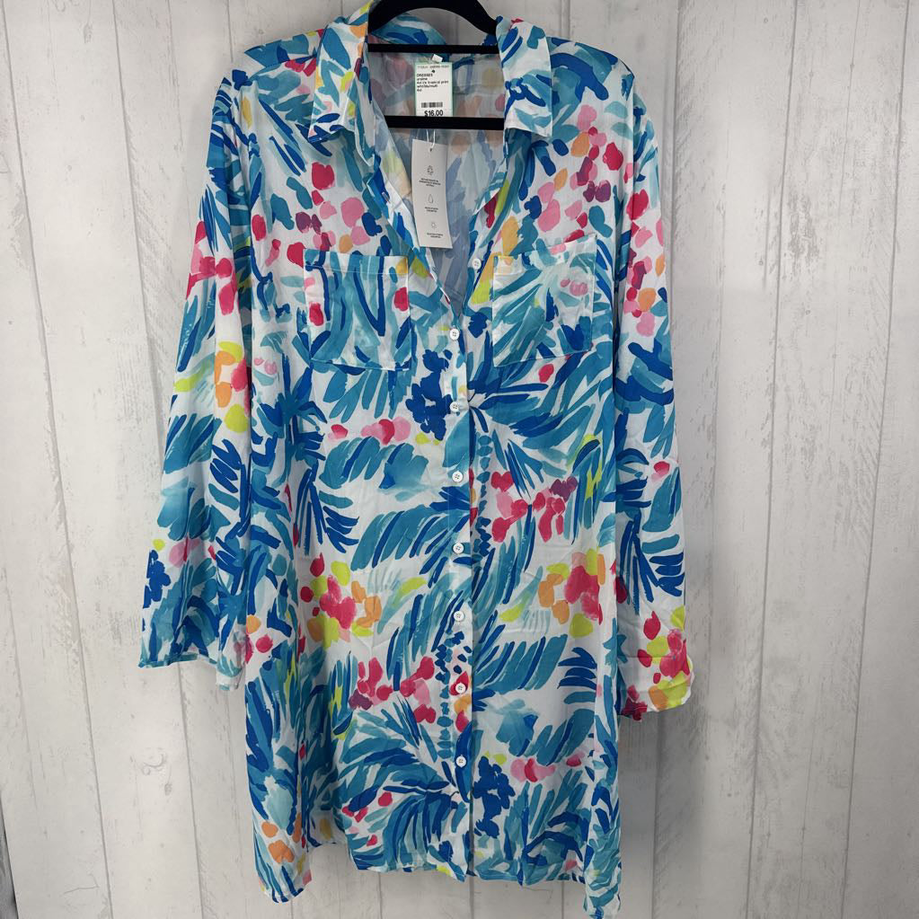 4xl l/s tropical print button shirt dress
