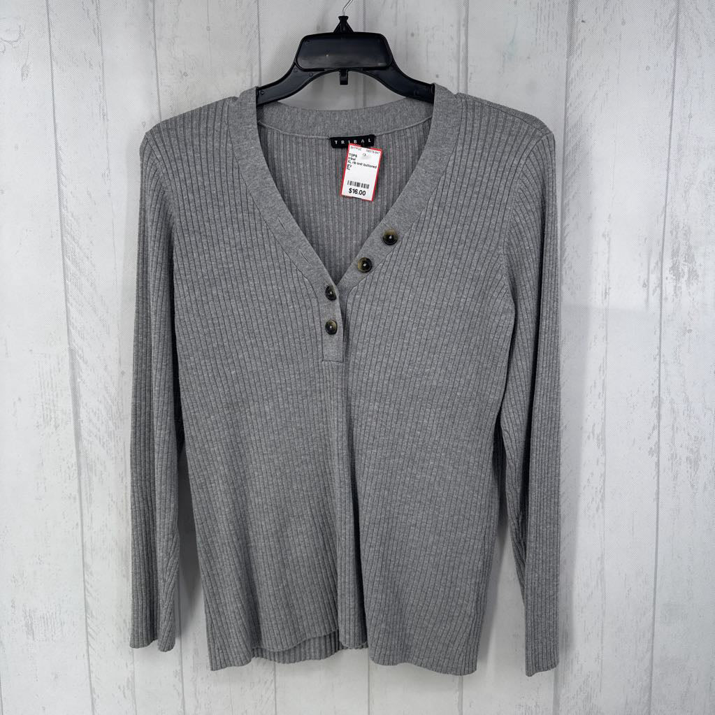 XL rib knit buttoned v-neck ls top