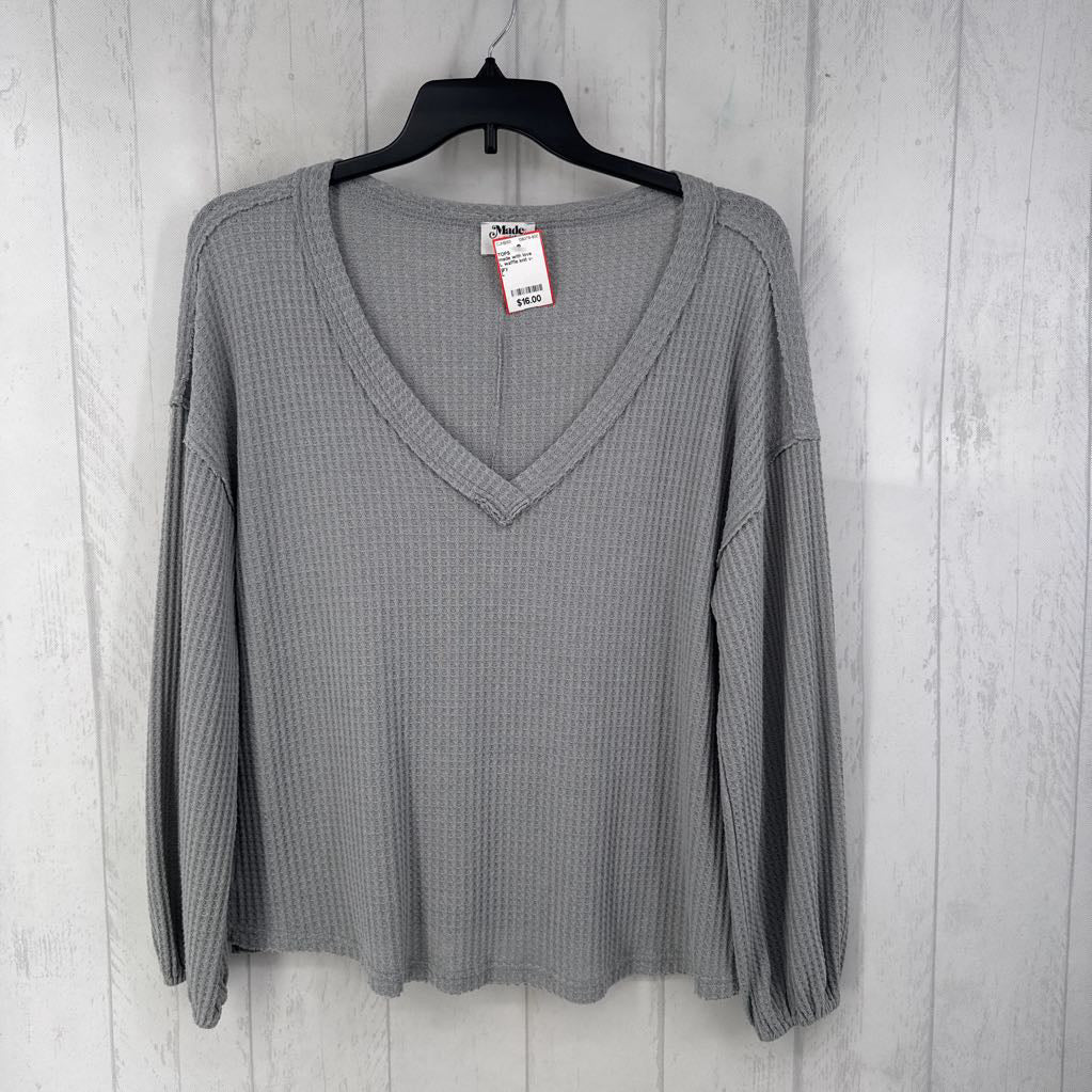 L waffle knit v-neck l/s top