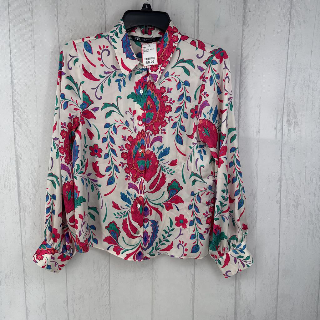 M flo print button down l/s top
