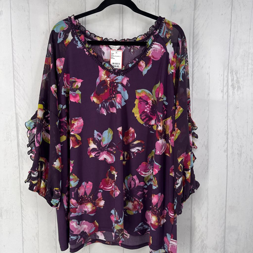 22/24w flo print v-neck 3/4 slv top