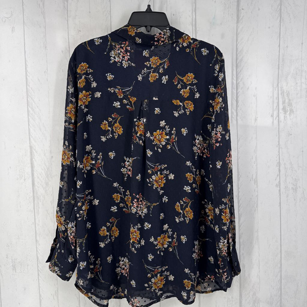 L flo print button down l/s top