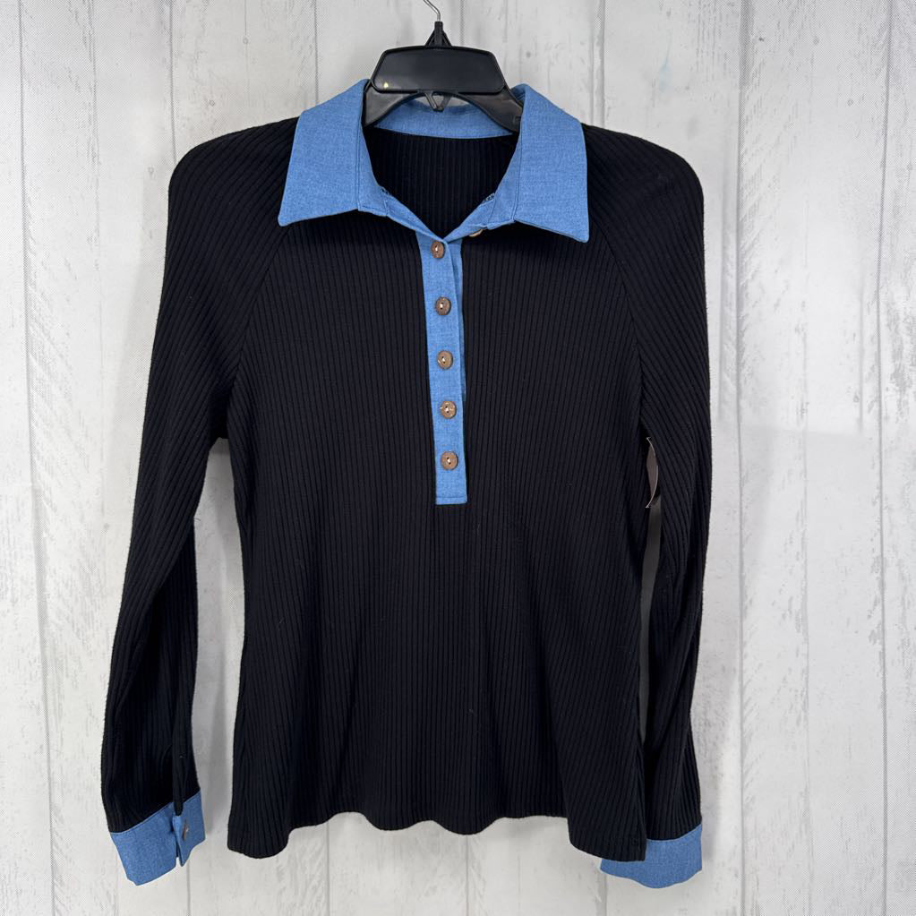 S ribbed button front l/s top w/collar